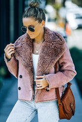 Pink Plush Lining Suede Cropped Double Breasted Coat - Shah S. Sahota